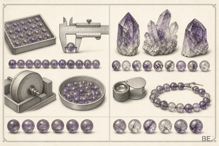 Material comparison of crystal bead selection, polishing and natural inclusions — BE.