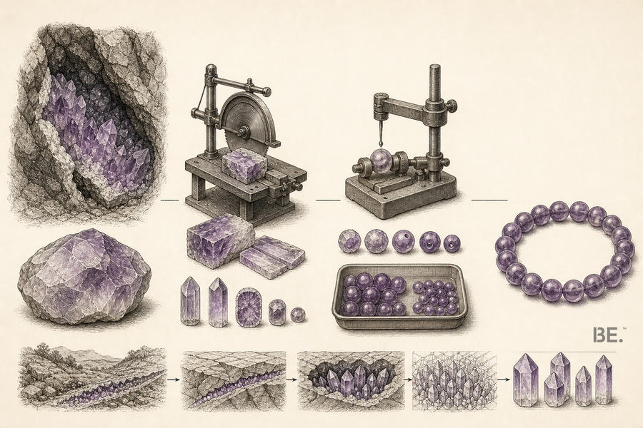 Geological provenance from crystal-bearing rock through cutting, drilling and bracelet making — BE.