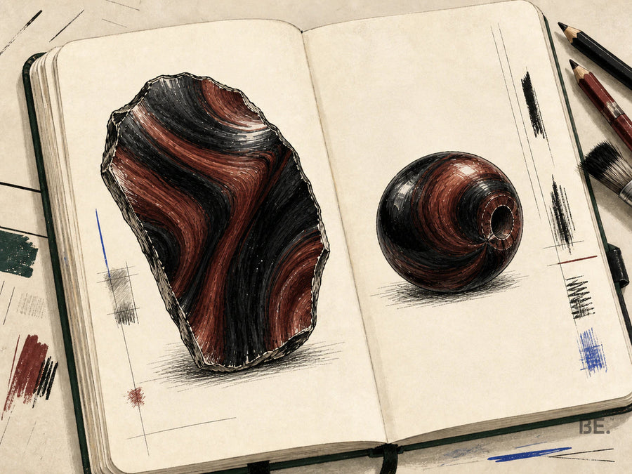 Field-notebook illustration of red-brown mahogany patterning in dark obsidian.