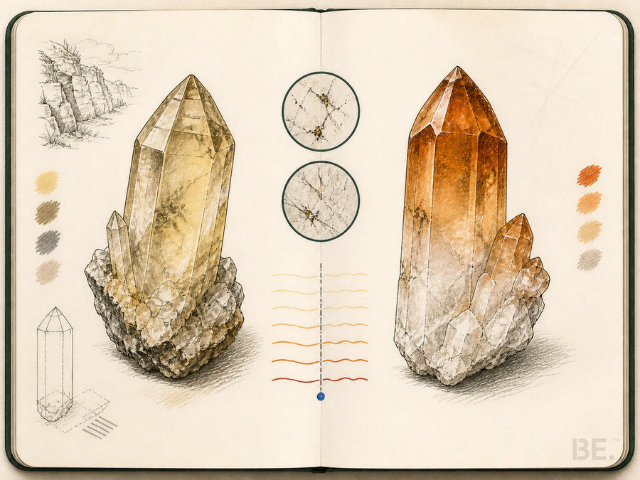 Field-notebook comparison of pale natural citrine and deeper orange heated material; appearance alone does not prove treatment — BE.