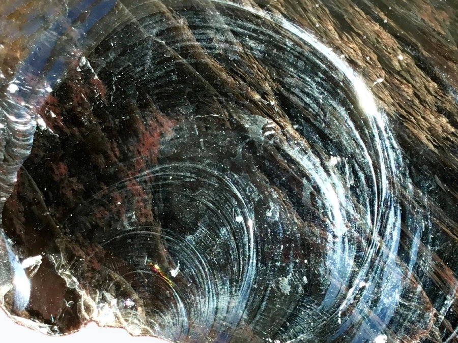 Obsidian specimen showing conchoidal fracture: smooth curved glassy surfaces radiating from one point of impact