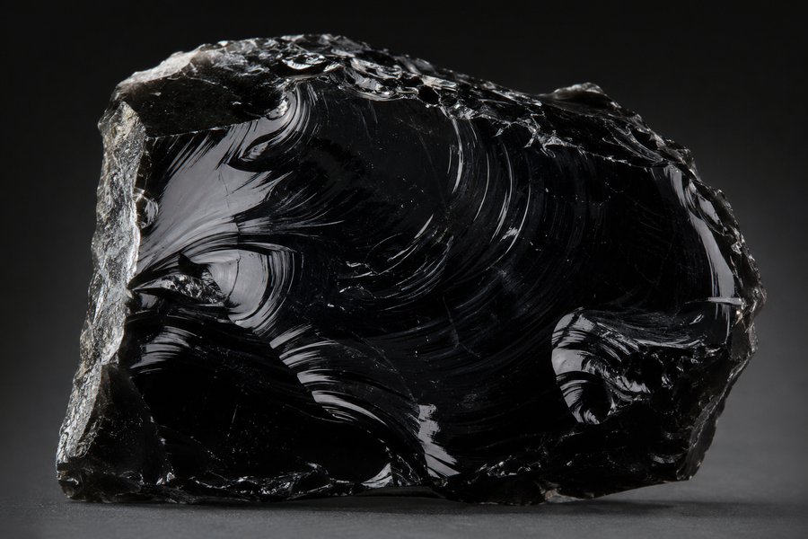 Natural black obsidian specimen showing characteristic conchoidal fracture and volcanic glass surface