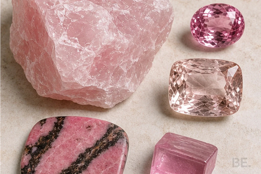 Pink crystal material map showing distinct mineral and glass categories — BE.