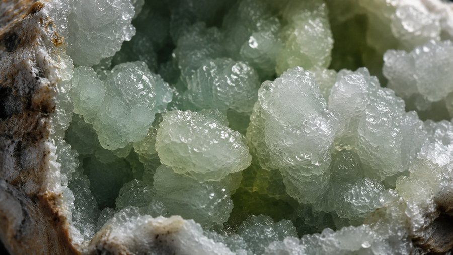 Natural prehnite specimen showing botryoidal pale-green calcium aluminium silicate texture