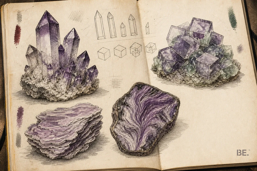 Field-notebook studies of amethyst, fluorite, lilac mica and a fibrous purple rock — BE.