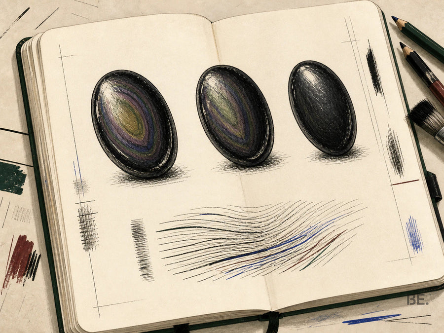 Field-notebook illustration of directional iridescent bands in rainbow obsidian.