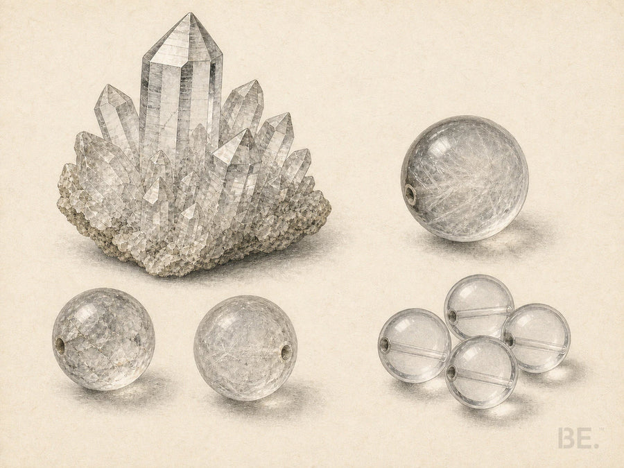 Vintage-style material plate showing a clear crystal cluster and drilled clear beads with varied internal veils, fractures and transparency.