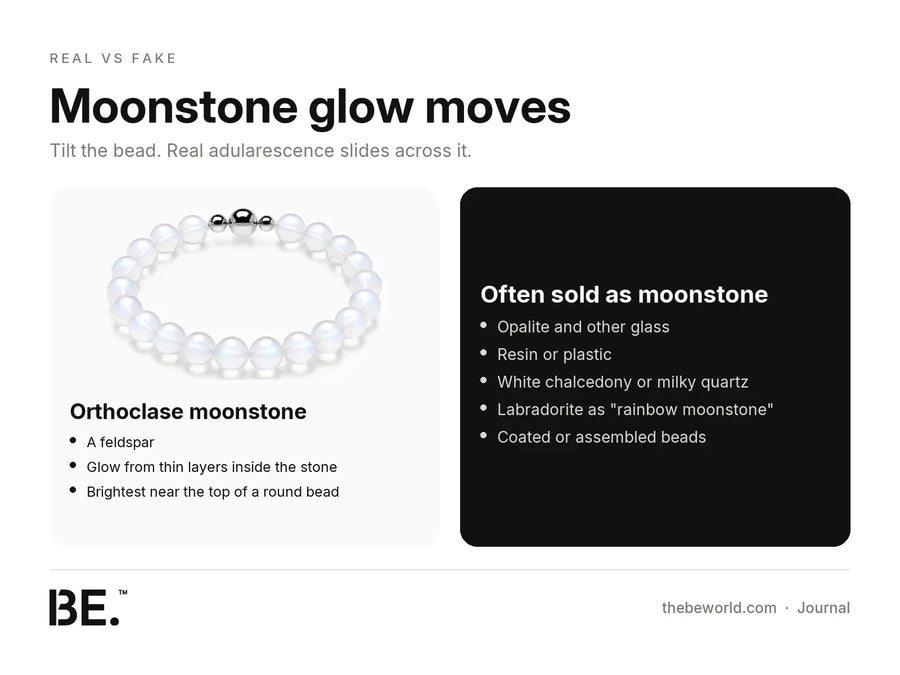 Orthoclase moonstone bracelet beside a list of materials often sold as moonstone, including opalite glass and labradorite