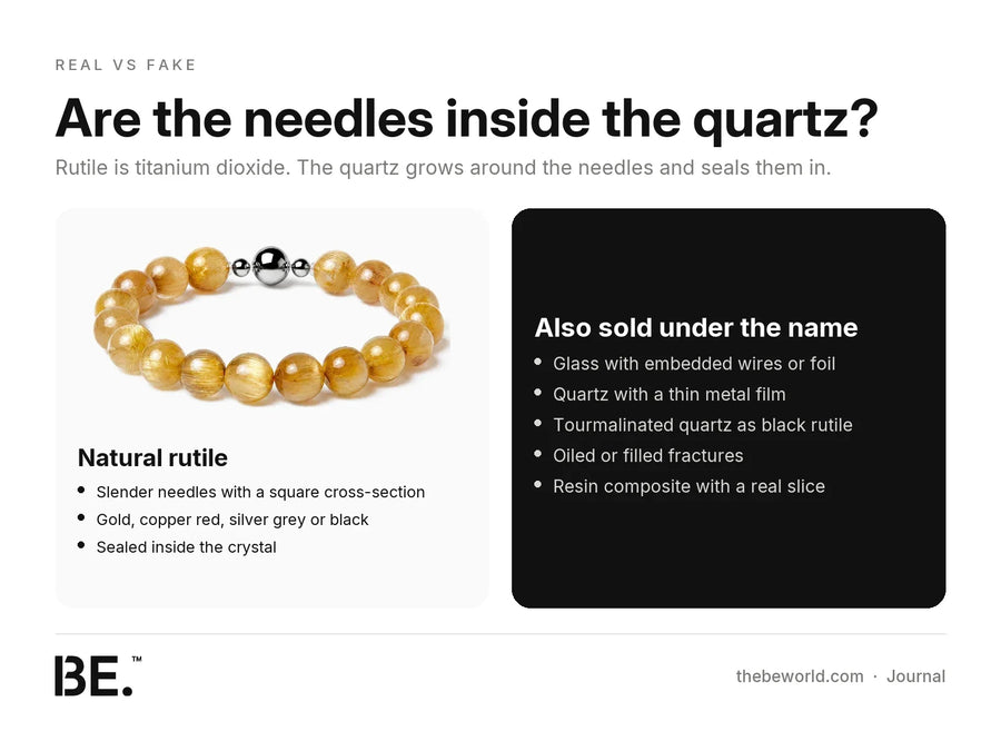 Golden rutilated quartz bracelet beside a list of imitations such as glass with embedded wire and metal-coated quartz