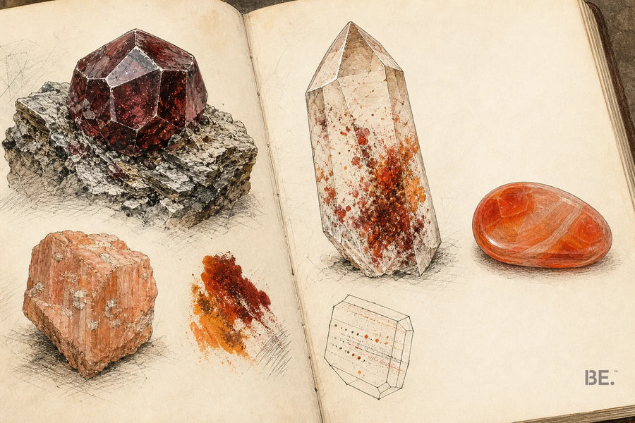 Field-notebook studies of garnet, iron-included quartz, orange chalcedony and peach feldspar — BE.