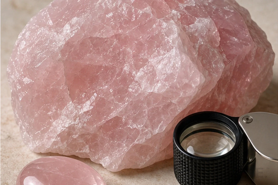 Rose Quartz material guide with massive pink quartz specimens — BE.
