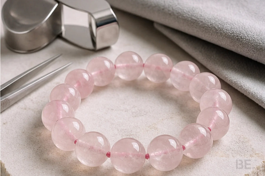 Rose Quartz bracelet under neutral-light inspection — BE.