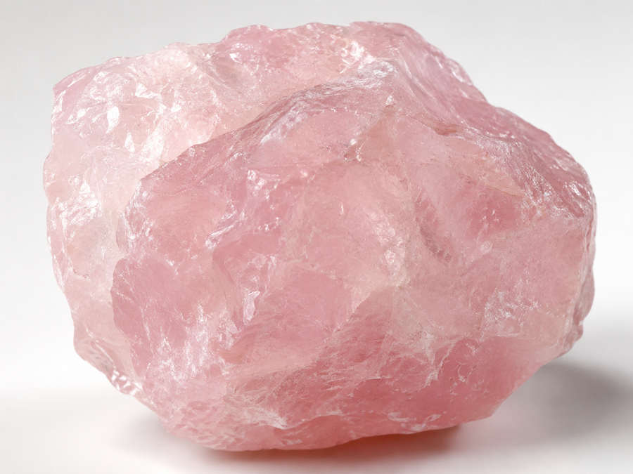 Natural rose quartz crystal showing translucent pink colour from dumortierite fibre inclusions