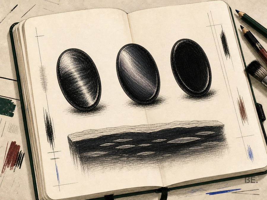 Field-notebook illustration of directional silver reflection in obsidian.