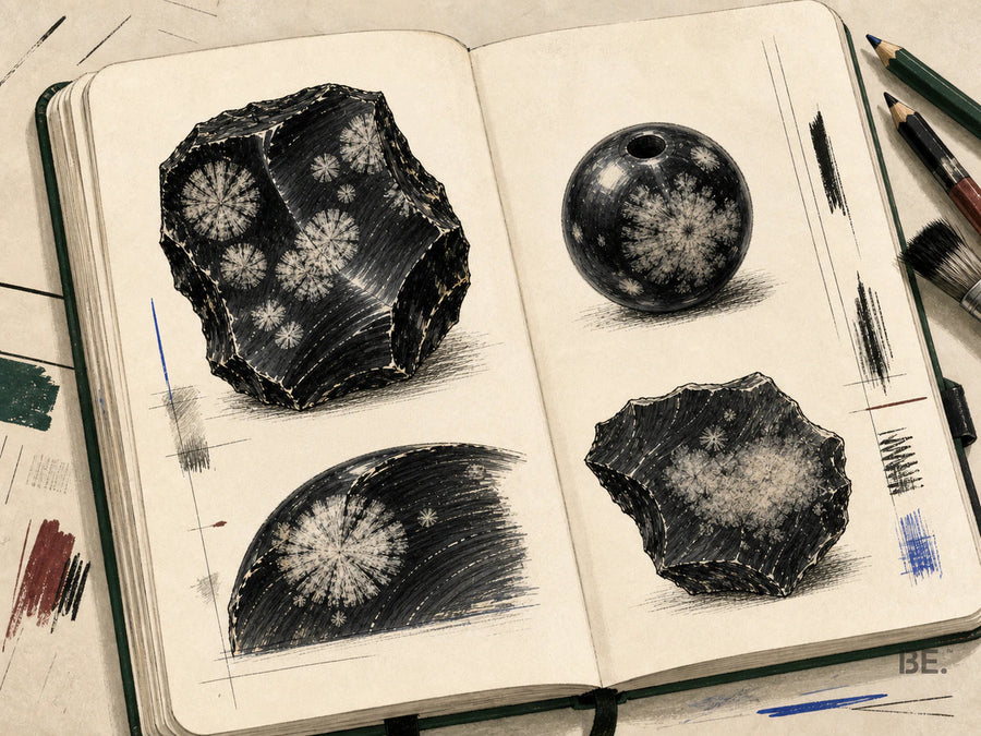 Field-notebook illustration of pale radiating snowflake patterns in dark obsidian.