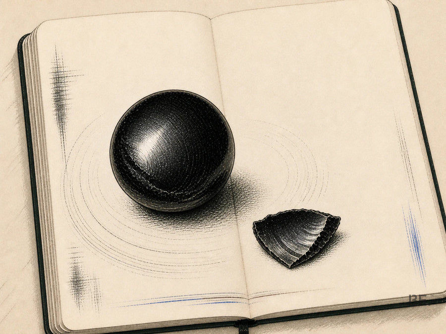 Field-notebook study of a polished black obsidian sphere beside a conchoidally fractured obsidian fragment