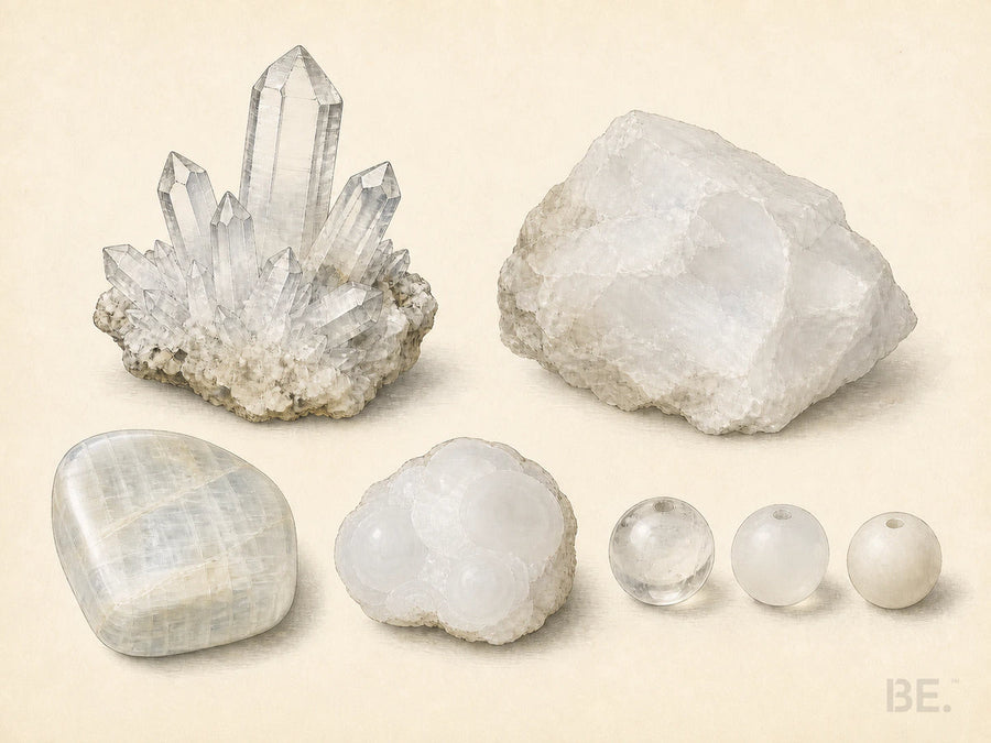 Comparative mineralogical illustration of clear quartz crystals, milky white rough material, pale translucent stones and white-to-clear drilled beads