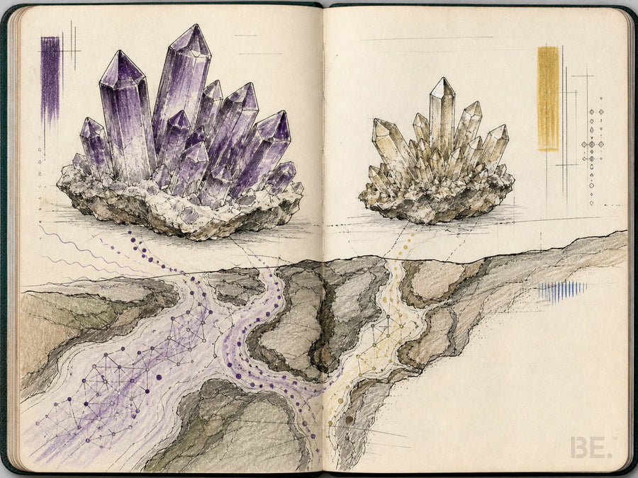 Field-notebook comparison of amethyst and pale natural citrine as two colour varieties of quartz — BE.