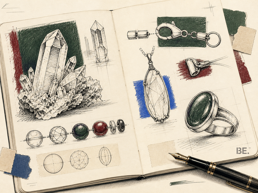 Illustrated field notebook showing a quartz specimen, bracelet bead construction, clasp, pendant and ring studies.