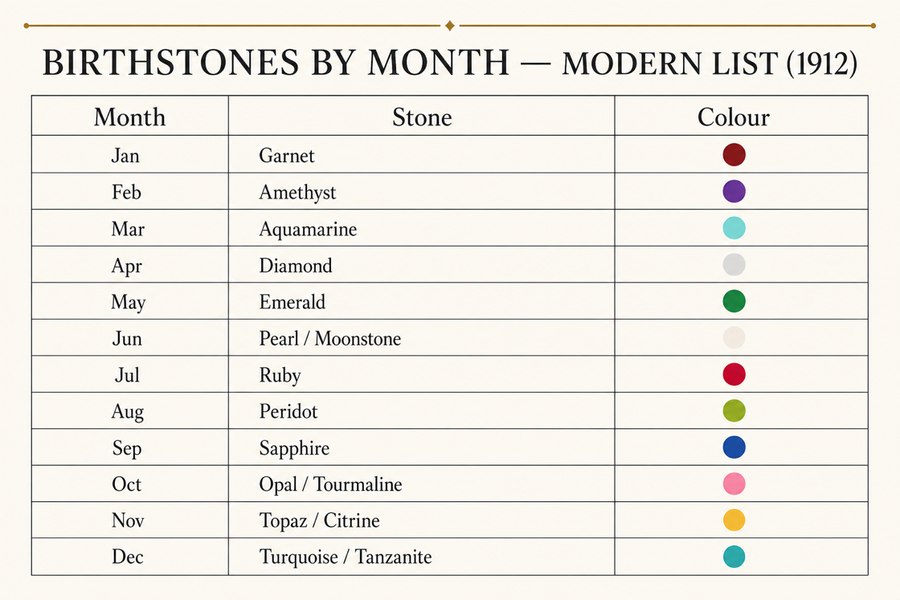 Modern birthstone list by month, standardised in 1912 — twelve stones with colour reference, BE.