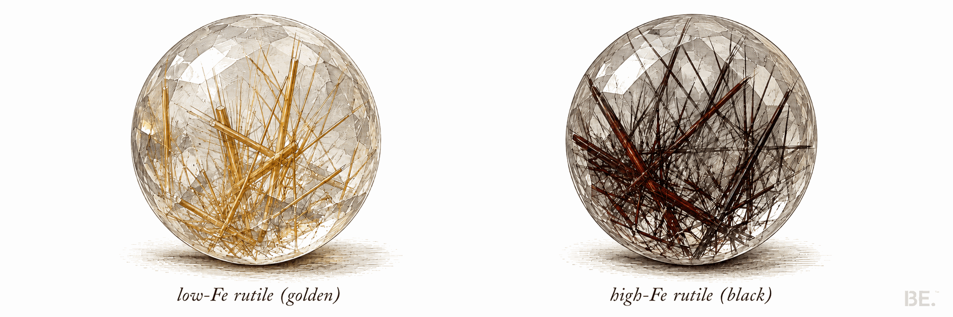 Golden rutile needles and dark rutile needles in clear quartz spheres compared