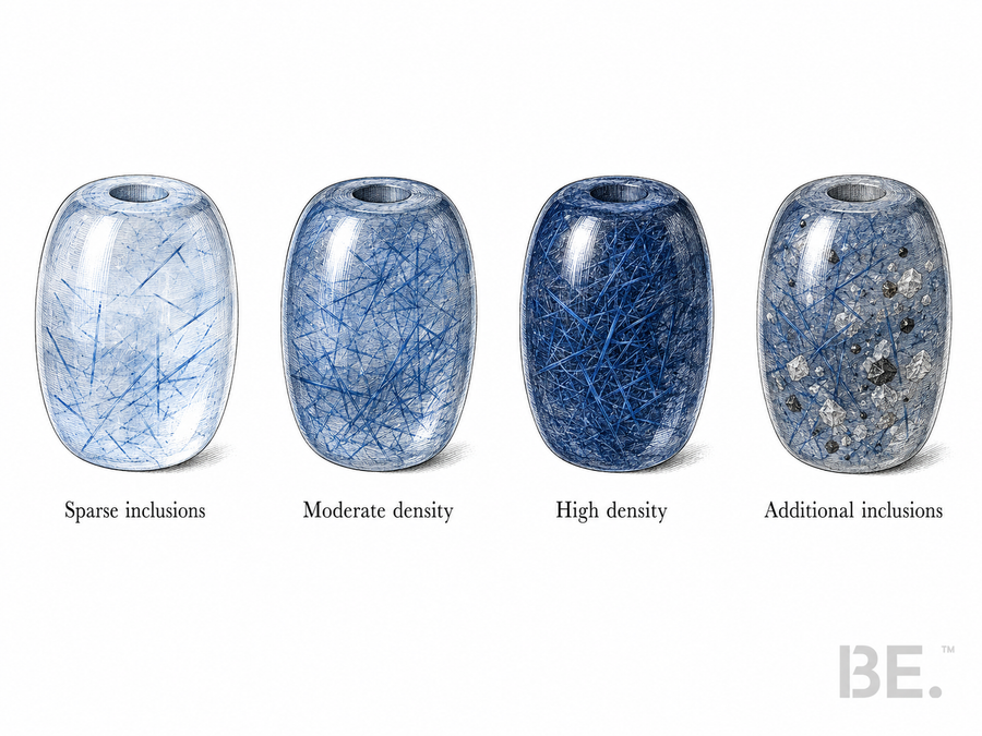 Blue needle quartz beads showing fine blue dumortierite inclusions dispersed through transparent quartz