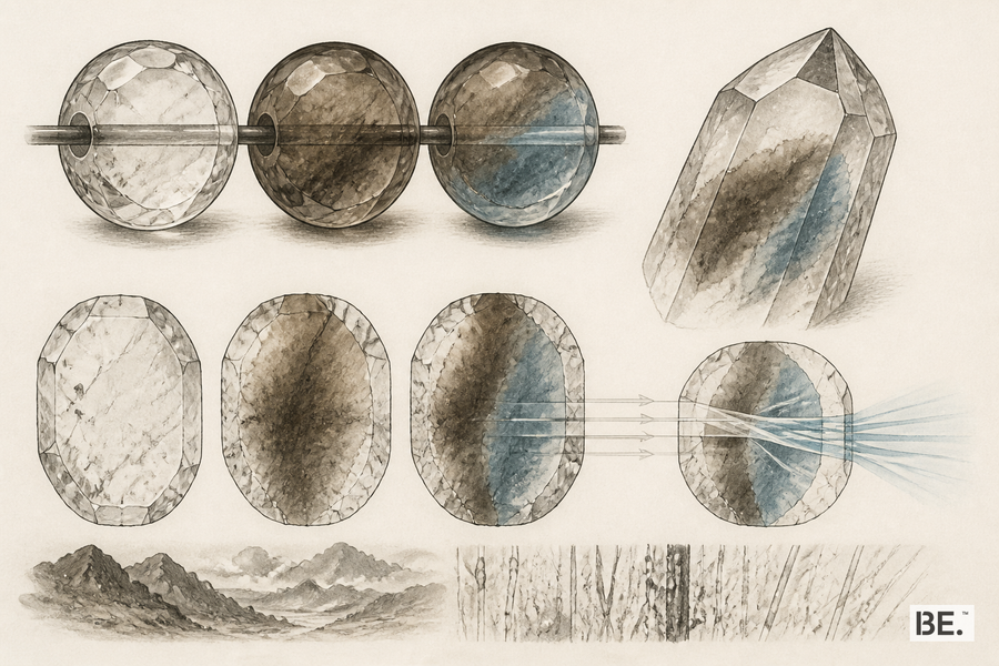 Blue smoky quartz beads showing a smoky field and blue optical appearance