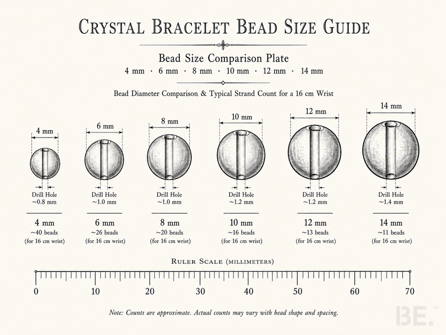 Crystal bracelet bead size comparison — 6 mm, 8 mm and 10 mm quartz beads on wrist