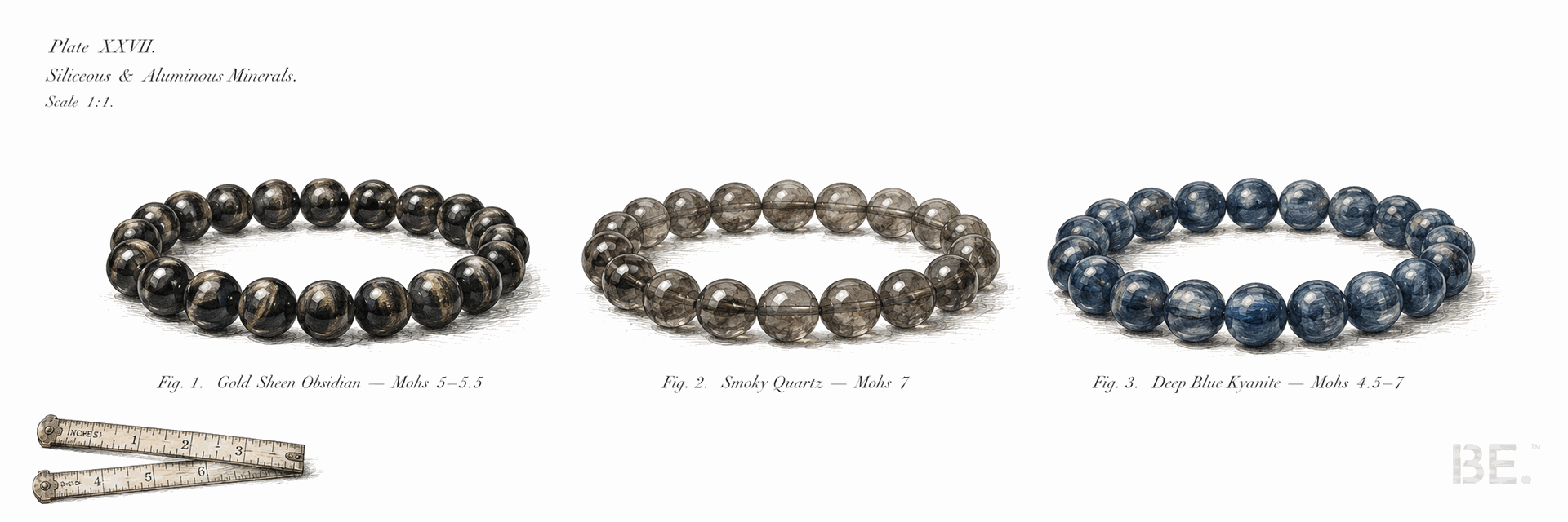 Dark, neutral crystal bracelets for men: gold sheen obsidian, smoky quartz and kyanite