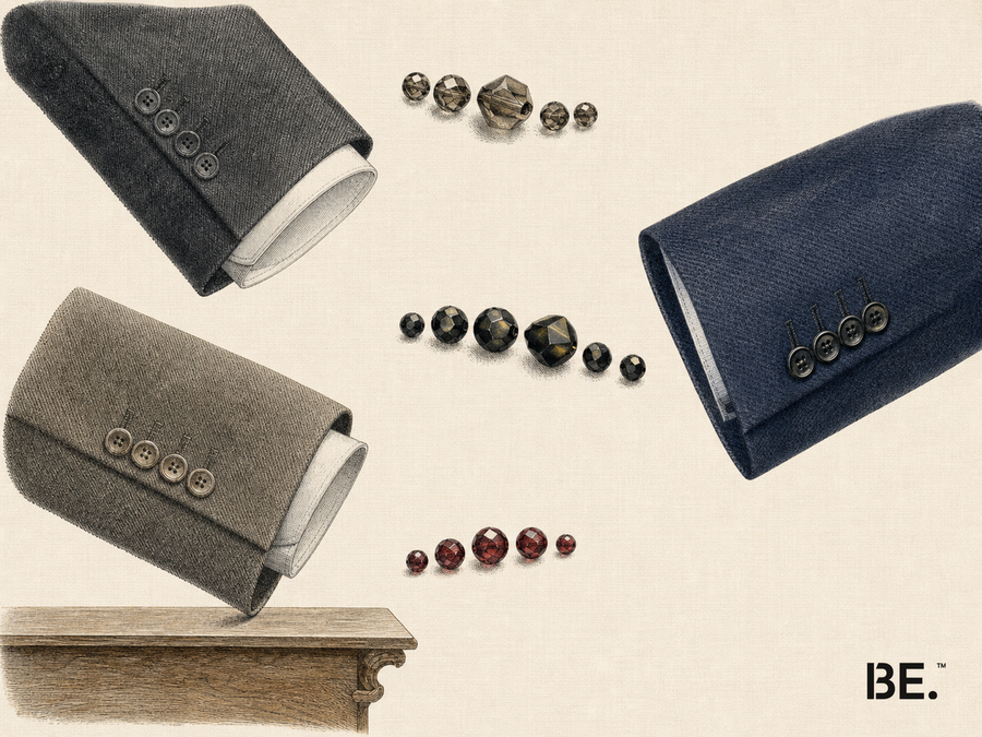 Editorial illustration on warm ivory paper showing charcoal, navy and taupe tailored cuffs with rows of smoky-brown, black-and-gold and burgundy faceted beads, a wooden desk edge and the BE. logo