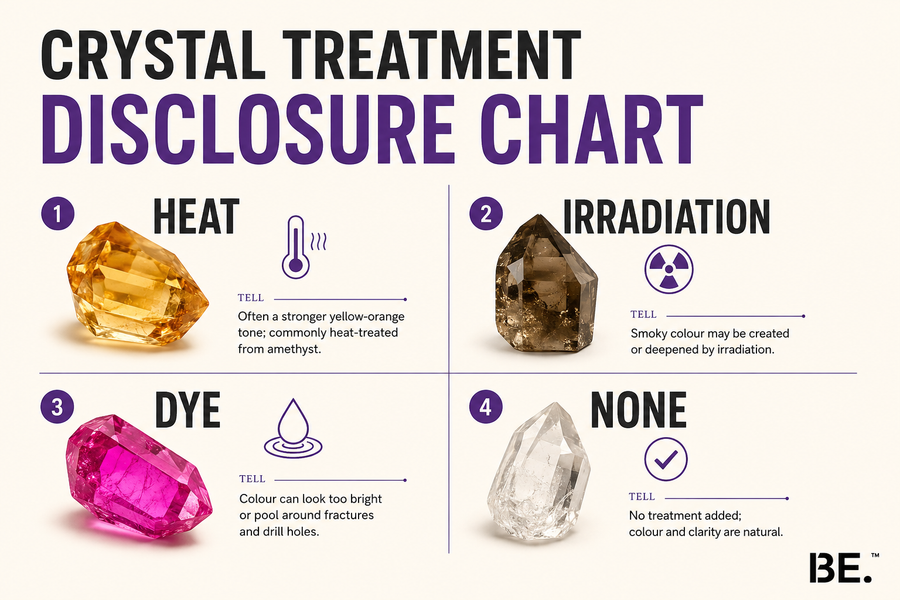 Crystal treatment chart — heat, irradiation and dye by stone. BE.