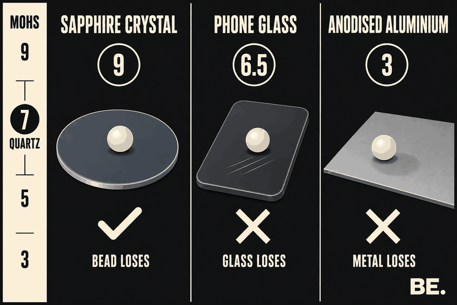 Three-panel chart comparing a watch crystal, a phone screen and a painted surface against the hardness of quartz beads — BE.