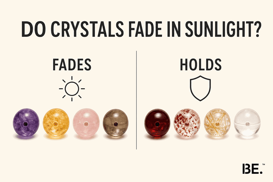 Chart splitting eighteen crystal bracelet stones into those that fade in sunlight and those that hold their colour — BE.