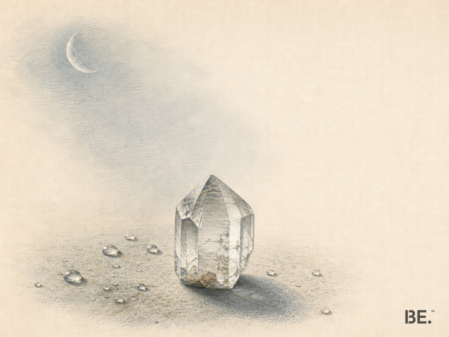 Hand-coloured mineralogical plate showing one isolated crystal in dim reflected moonlight, with dew and cooling shown as separate environmental observations and no energy beams.
