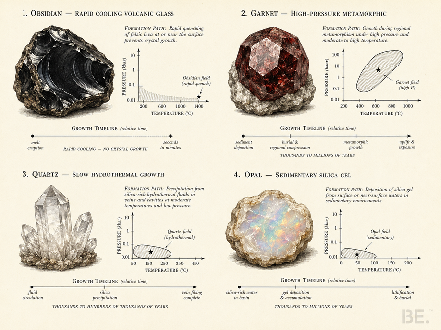 Four geological crystal formation paths — igneous, metamorphic, sedimentary and hydrothermal