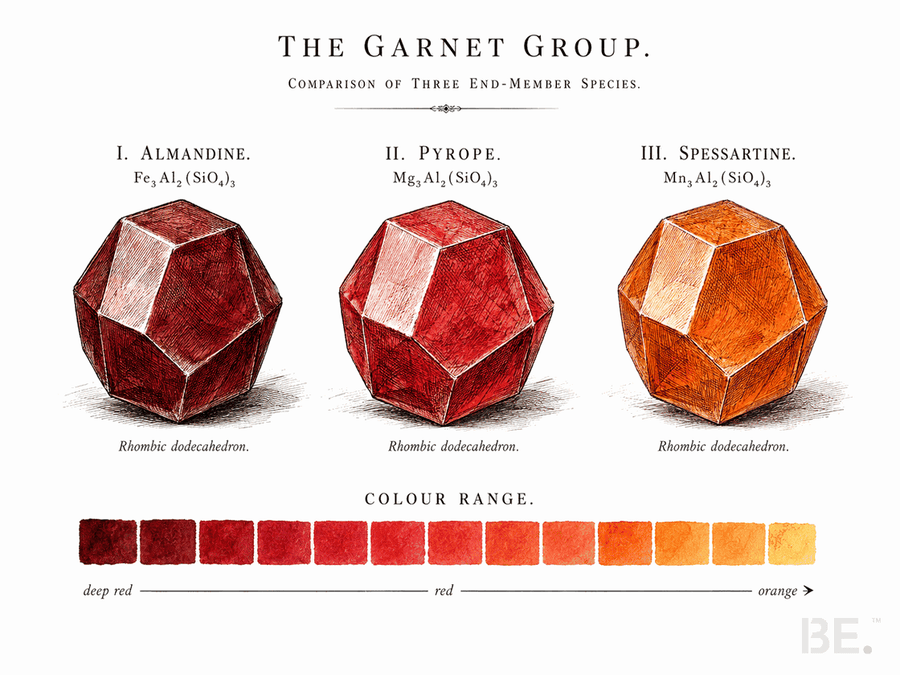 Garnet group chart: almandine, pyrope and spessartine with formulae and colours