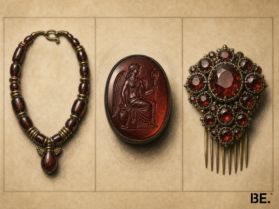 Interpretive triptych of an ancient Egyptian garnet necklace, a Roman garnet intaglio and Bohemian pyrope cluster jewellery