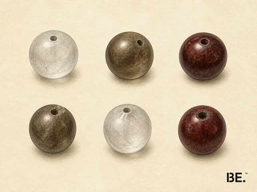 Illustrative plate of six drilled gemstone beads showing varied opening alignment, rim shape and finish at enlarged scale