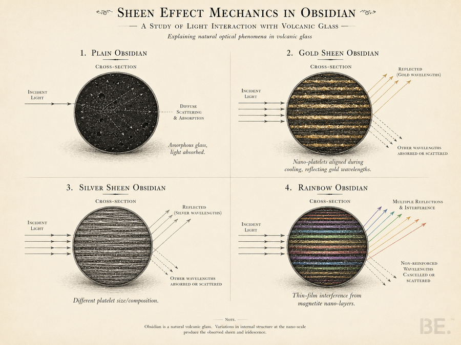 Gold sheen obsidian and black obsidian comparison — volcanic glass with and without magnetite nanoinclusions