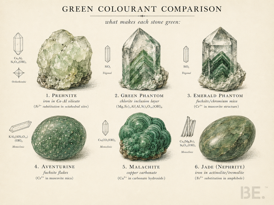 Green crystal varieties — prehnite, green phantom quartz and emerald geological specimens