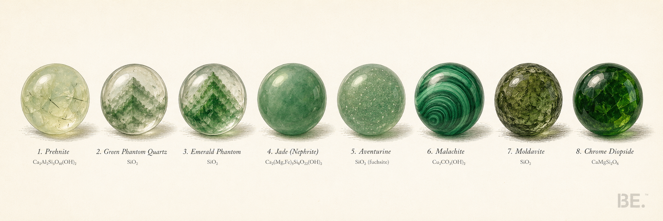 Green crystals — prehnite, green phantom and emerald phantom quartz specimens