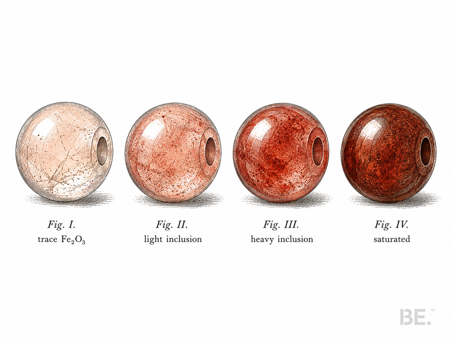 Hematoid quartz bracelet showing red iron oxide inclusions within translucent quartz beads