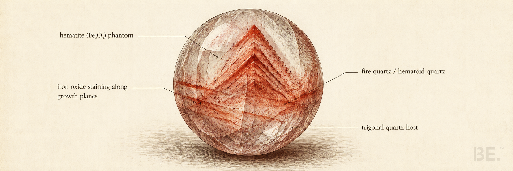 Hematoid quartz crystal with red-brown iron oxide inclusions creating warm phantom patterns