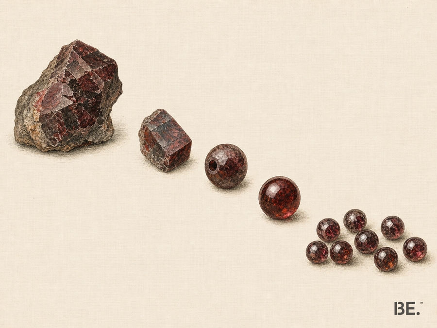 Illustrated stages from irregular stone rough to preform, drilled sphere, polished bead and sorted bracelet strand