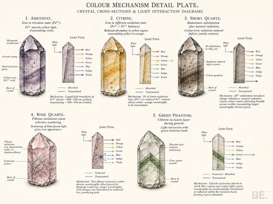 Five mechanisms of crystal colour formation — trace elements, colour centres, structural colour, inclusions and treatments