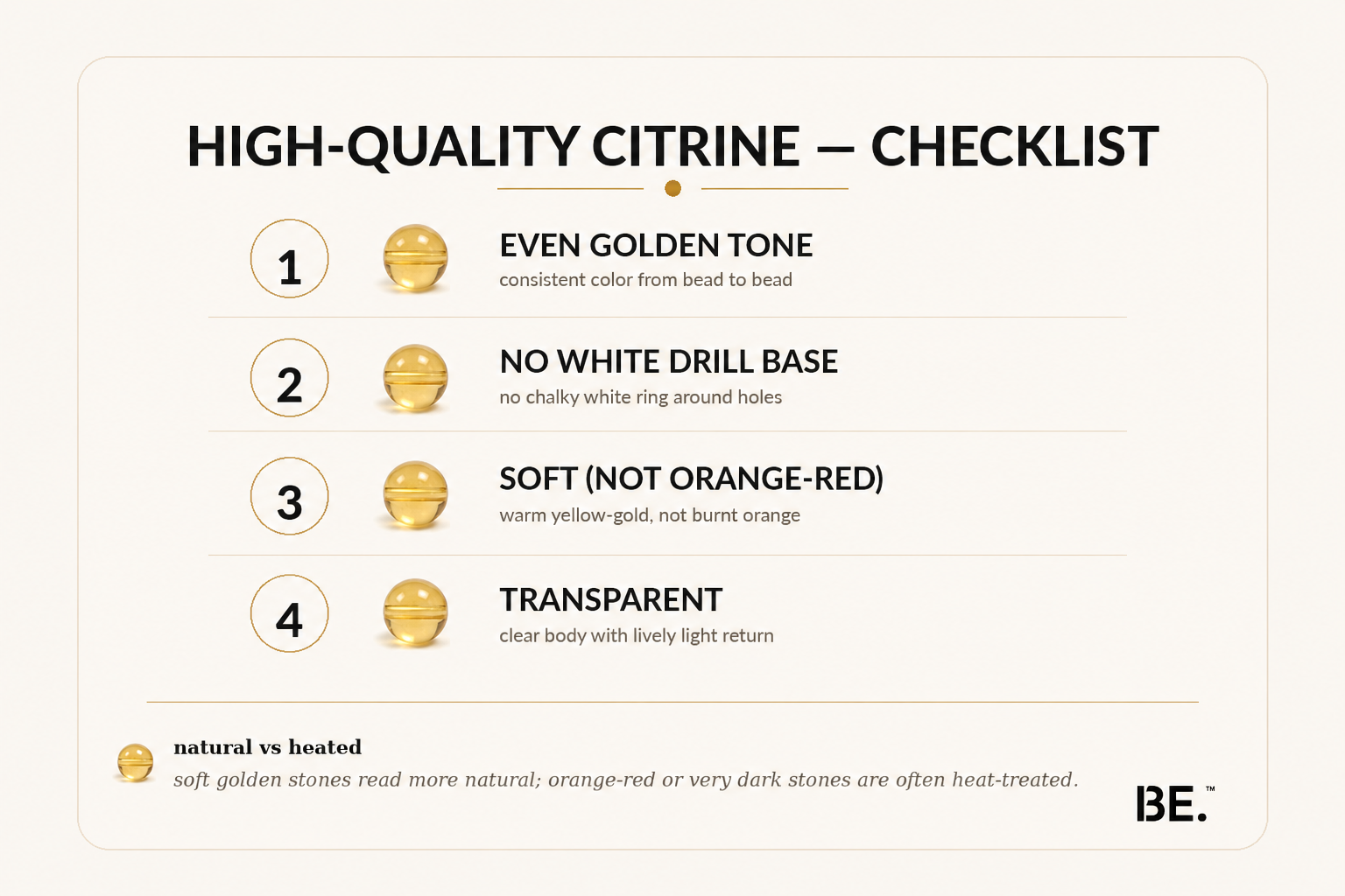 High-quality citrine bracelet checklist — natural versus heated golden citrine beads. BE.