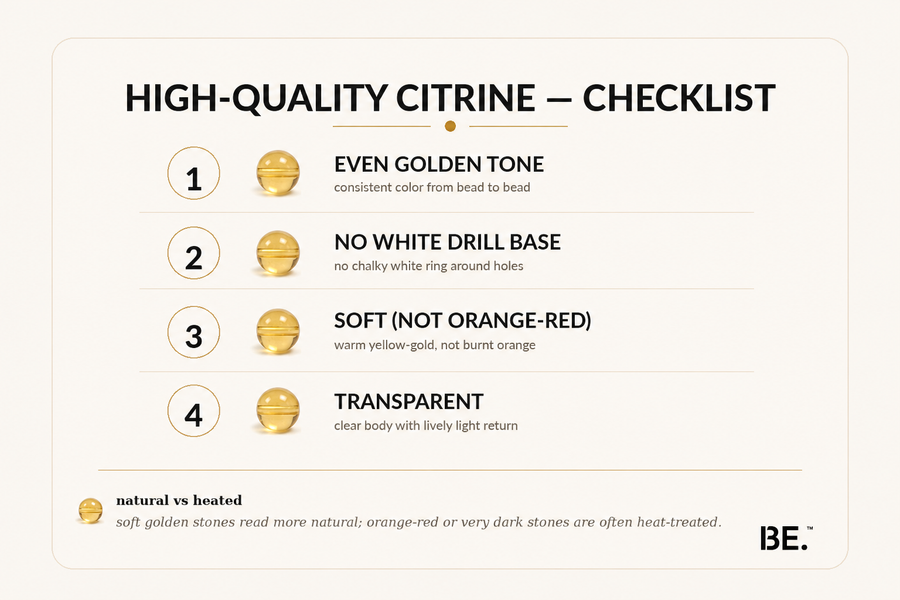 High-quality citrine bracelet checklist — natural versus heated golden citrine beads. BE.
