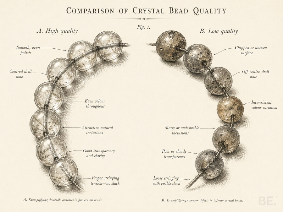 Six quality indicators for crystal jewellery — clarity, cut, colour, setting, finish and symmetry