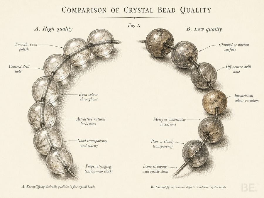 Six quality indicators for crystal jewellery — clarity, cut, colour, setting, finish and symmetry