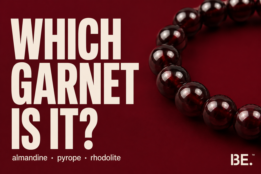 Garnet species compared — almandine, pyrope, spessartine and rhodolite bracelet beads. BE.